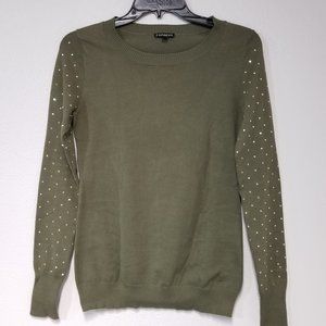 Womens EXPRESS Crew Neck Embellished Sleeve Fitted Sweater Olive Green Sz XS